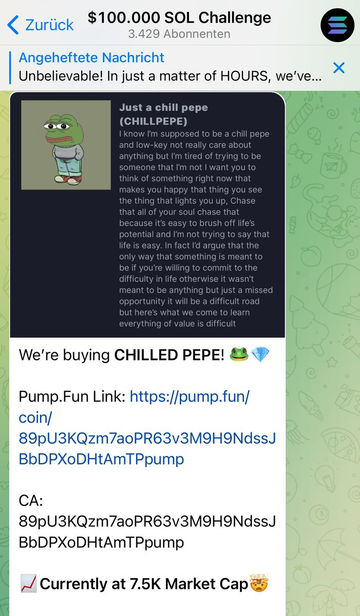 We pumped CHILLPEPE to over 800% profits today in our Telegram group (link in bio)! 🚀🐸💸

To celebrate, I’m giving away 1 Solana to five lucky people! 🌟
1️⃣ Like this tweet
2️⃣ Retweet it
3️⃣ Follow me
4️⃣ Comment your Solana wallet address below

Let’s go! 🤑🔥