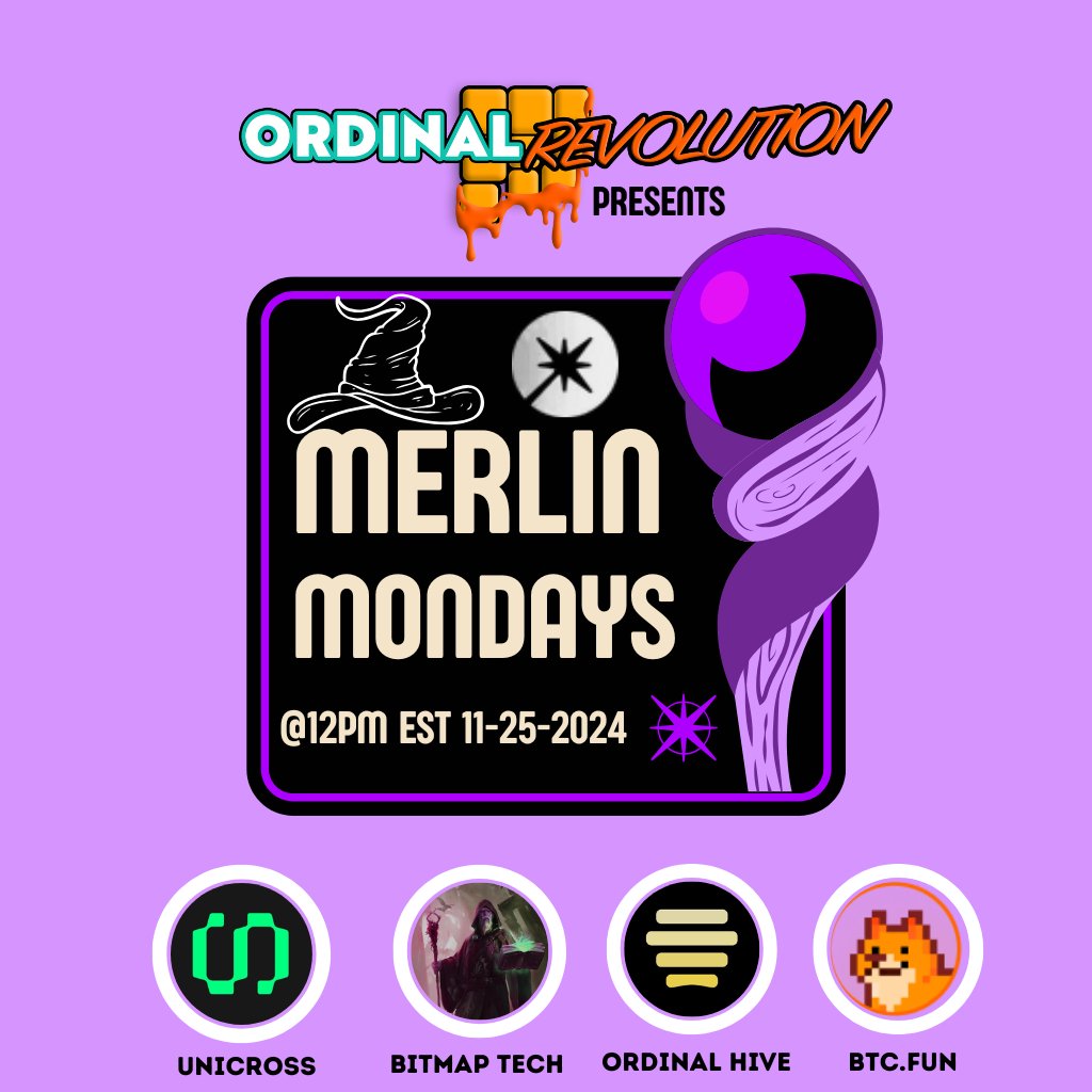 Make sure to catch the Merlin Mondays segment tomorrow @12PM EST 11-25-2024. 

Big announcements from builders and a project launch right around the corner. See you all there! <a href="/BitmapTech/">Bitmap Tech - Merlin🔮🧙</a> <a href="/MerlinLayer2/">Merlin Chain</a> <a href="/btcdotfun/">BTC.Fun</a> <a href="/ordinalhive/">OrdinalHive</a> <a href="/UniCrossGlobal/">UniCross</a>