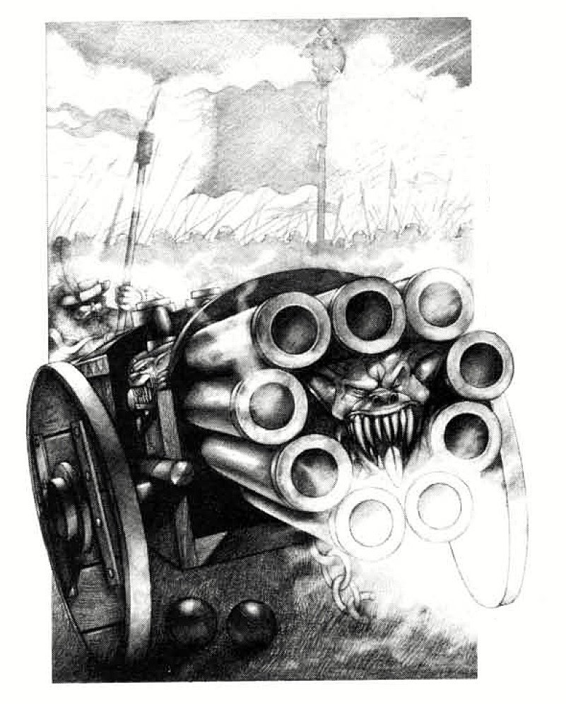 Aetas_Memoria's tweet image. Empire Steam Tank and Helblaster Volley Gun. Illustrations by Wayne England, for Warhammer Armies: The Empire 4th edition book.