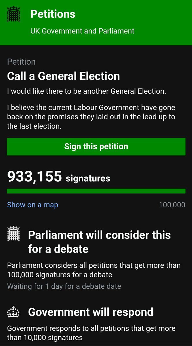 A formal petition for a UK general election almost has 1M signatures.
 petition.parliament.uk/petitions/7001…

<a href="/elonmusk/">Elon Musk</a> <a href="/Nigel_Farage/">Nigel Farage MP</a> #uk #ReformUK