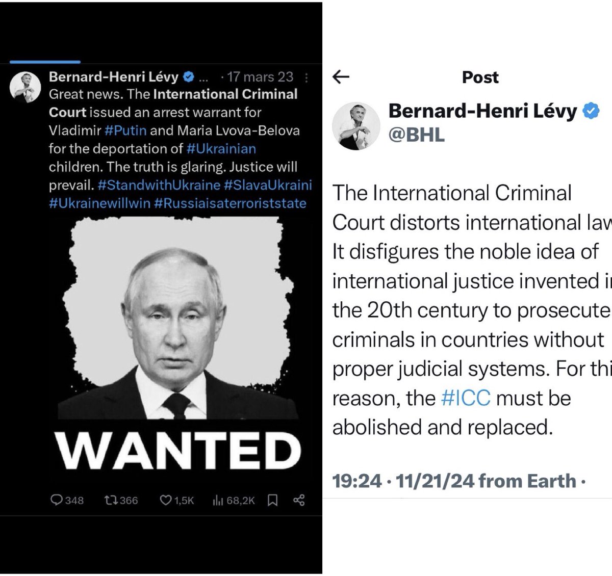 AtallahSamira's tweet photo. For @BHL not all warrants of arrest are equal (I.e. not all children are equal). To this genocide supporter, in 2023, the ICC is a glaring beacon of justice of truth; in 2024, the ICC “must be abolished”! A typical pro-Zionist self-serving needs-based belief in justice/injustice. https://t.co/7SKNLWC93g