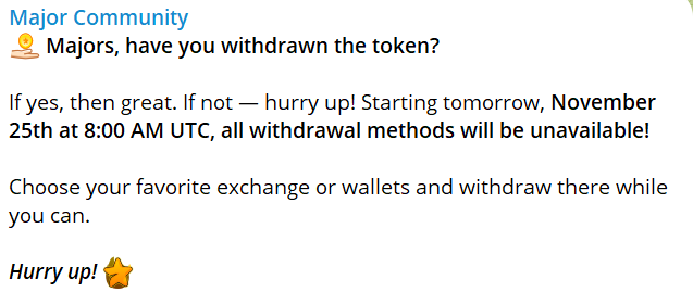 CoinGapeMedia's tweet photo. 📢 Major announcement for #Majorcoin holders!
⌛️November 25, 8:00 AM UST, withdrawal will be unavailable!
#Major $MAJOR @majoroftelegram https://t.co/ENrIojaYzu