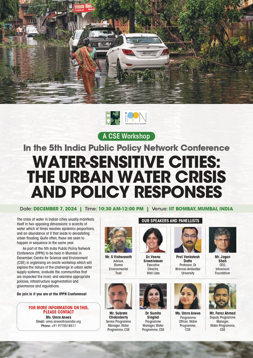 🚨 Join us at the 5th India Public Policy Network Conference (IPPN)!

CSE's <a href="/school_waterCSE/">School of Water and Waste</a> is hosting an engaging workshop, 'Water-Sensitive Cities: The Urban Water Crisis and Policy Response.' 🌊🌆

Be part of discussions on tackling urban water challenges and shaping