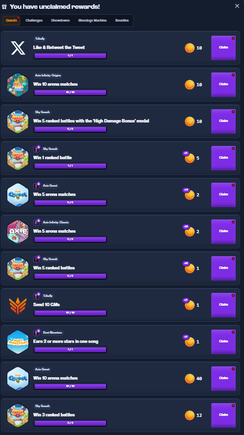 KixWrongkillyo's tweet photo. LOooong GN Grind $TRIBAL @TriballyGames
#TikiNFT #BattlePass #SocialQuest #StandardQuest
#BountyBoardQuest #PlayToRice @Jihoz_Axie @AxieInfinity @AxieQuest @skysmashaxie #AxieOrigins #AxieClassics @duet_monsters
MOAR Games to come when Play to Airdrop S2 nextweek!!!!!! https://t.co/JSiWzAuOnk