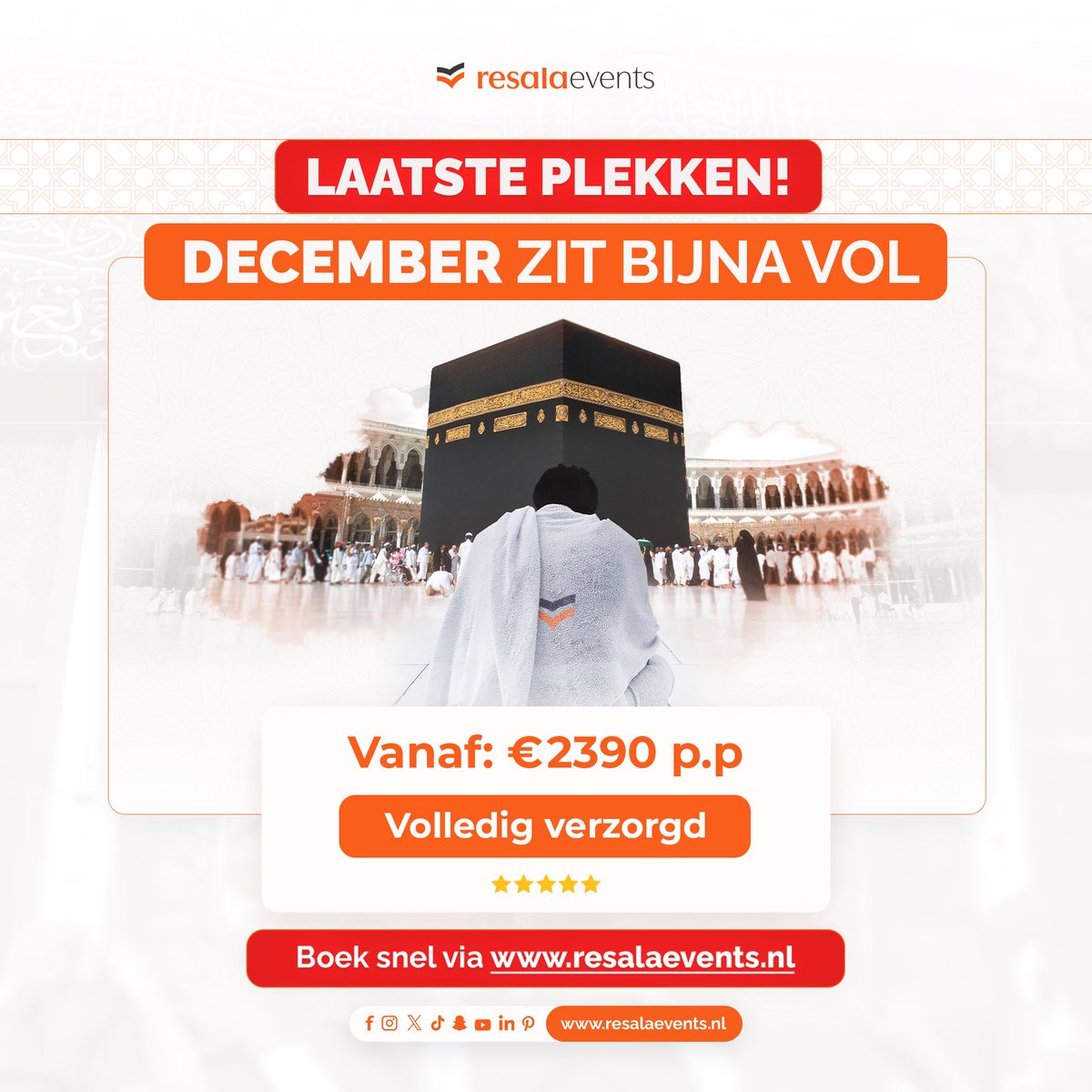 resalaevents's tweet photo. Laatste plekken! ✈️ 𝗗𝗲𝗰𝗲𝗺𝗯𝗲𝗿 𝘇𝗶𝘁 𝗯��𝗷𝗻𝗮 𝘃𝗼𝗹! 🕋 ━━━━━━━━━━━━ ✓ Rechtstreekse vlucht ✓ VIP-transfer ✓ Hotels dichtbij ✓ 2 vrijdagen ✓ Gratis Ihraam &amp; 5L Zamzam ━━━━━━━━━━━━ Boek snel via: https://t.co/FaUlFFYHFf https://t.co/cIlLm1IlSK