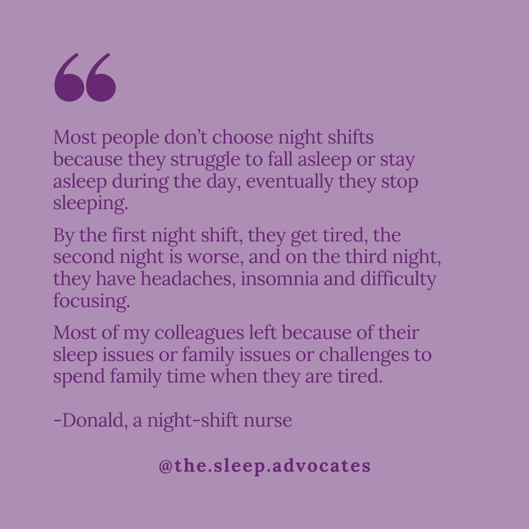 Donald, a night-shift nurse, shared a few reasons why his colleagues were leaving or changing their night-shift jobs while highlighting that he never had these sleep problems.

Find out Donald’s story here : css-scs.ca/share-your-sle…

<a href="/mcgillu/">McGill University</a> 
<a href="/canadiansleep/">Canadian Sleep Research Consortium</a> 
<a href="/ReseauSommeilQC/">ReseauSommeilQc</a>