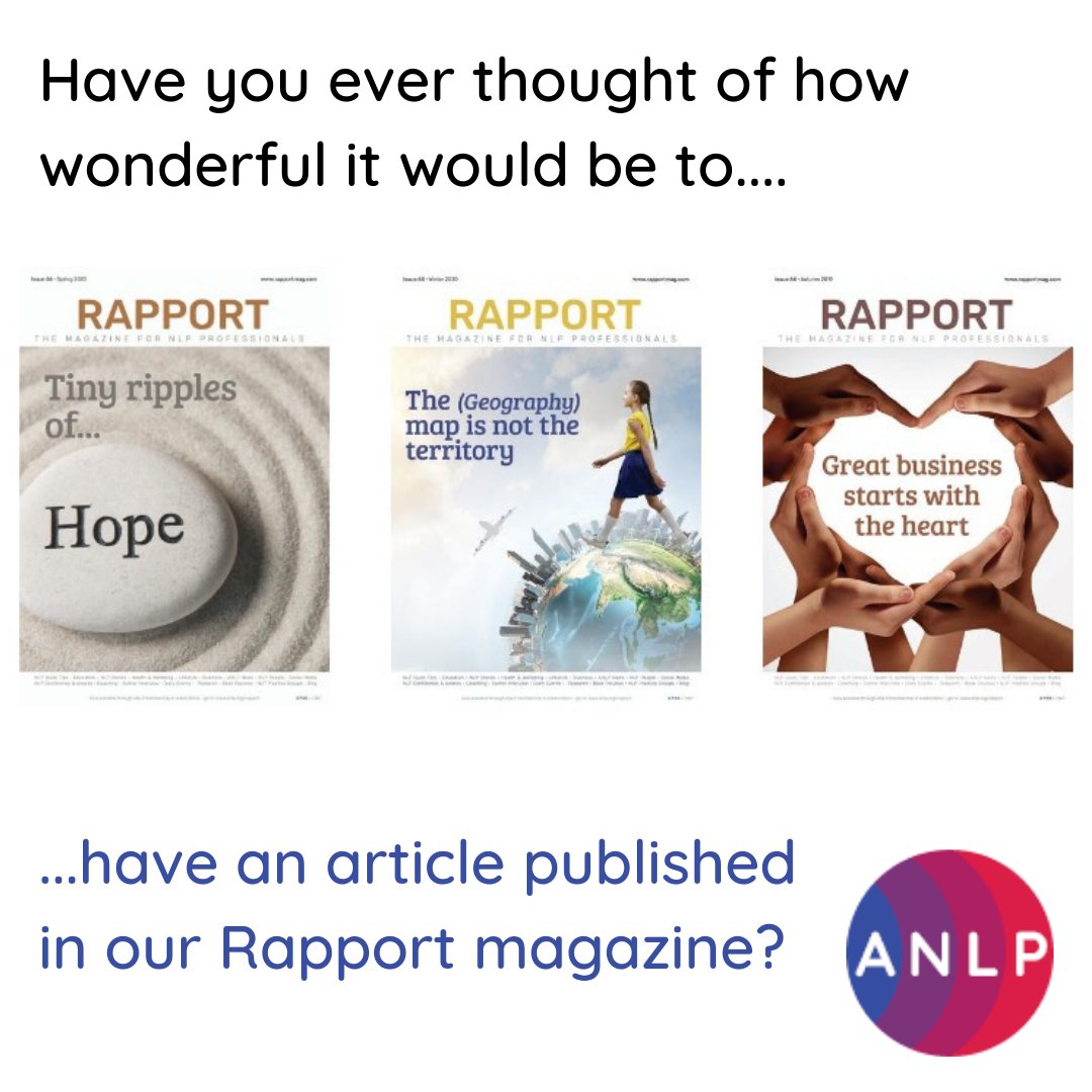Do you have something important, relevant or interesting to share with the NLP Community?

Would you like your voice heard and words published?

Here's how you can get involved
loom.ly/NiPvVbA

#rapportmagazine #nlparticles #nlpprofessionals #nlppractitioners