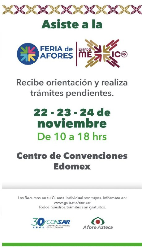 adnnoticiasmx's tweet photo. ¡Aprovecha esta oportunidad! 😉 Asiste a la Feria de Afores en el Centro de Convenciones del Estado de México, en la capital de estado, Toluca

No olvides visitar el stand de #AforeAzteca (@BancoAzteca), donde podrás obtener información y realizar cualquier trámite pendiente 💻 https://t.co/IsETMPZU78