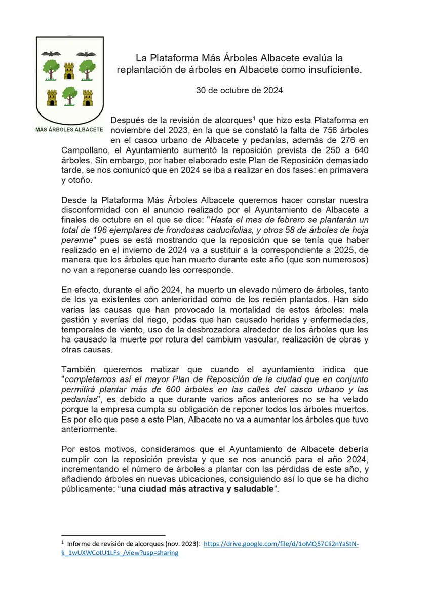 Compartimos nuestra postura sobre la 2ª fase de reposición de arbolado en #Albacete, que ya enviamos al <a href="/AytoAlbacete/">Ayuntamiento de Albacete</a>
