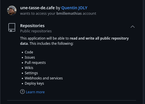 baptistemm's tweet photo. @TheBidouilleur par contre se logguer sur ton site avec github demande bien trop de droits juste pour m'identifier https://t.co/5BZjYr7AxS