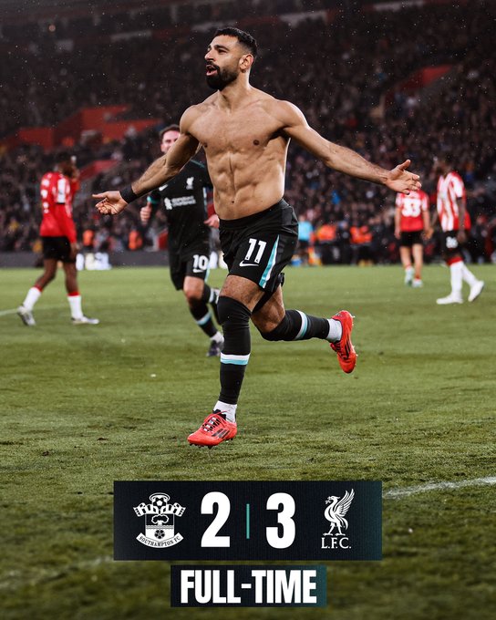 Full-time graphic for Southampton vs Liverpool. The final score is Southampton 2-3 Liverpool.