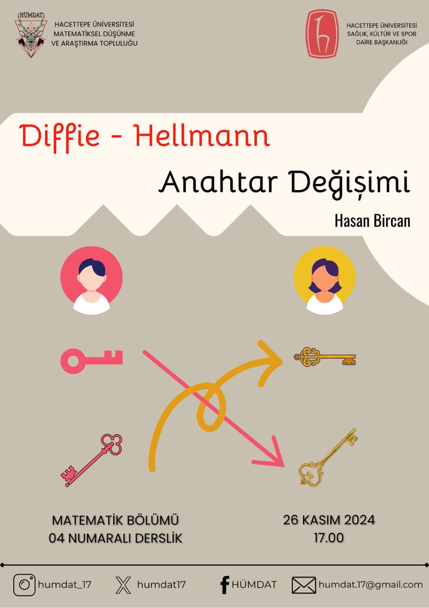Herkese Merhaba,
Bu yılın ilk öğrenci seminerinde, 4. sınıf öğrencisi Hasan Bircan, Diffie-Hellman Anahtar Değişimi konusunu anlatacak.
26 Kasım Salı günü, Matematik Bölümü 4 numaralı derslikte olacağız.

Görüşmek üzere!🙋🏻‍♀️