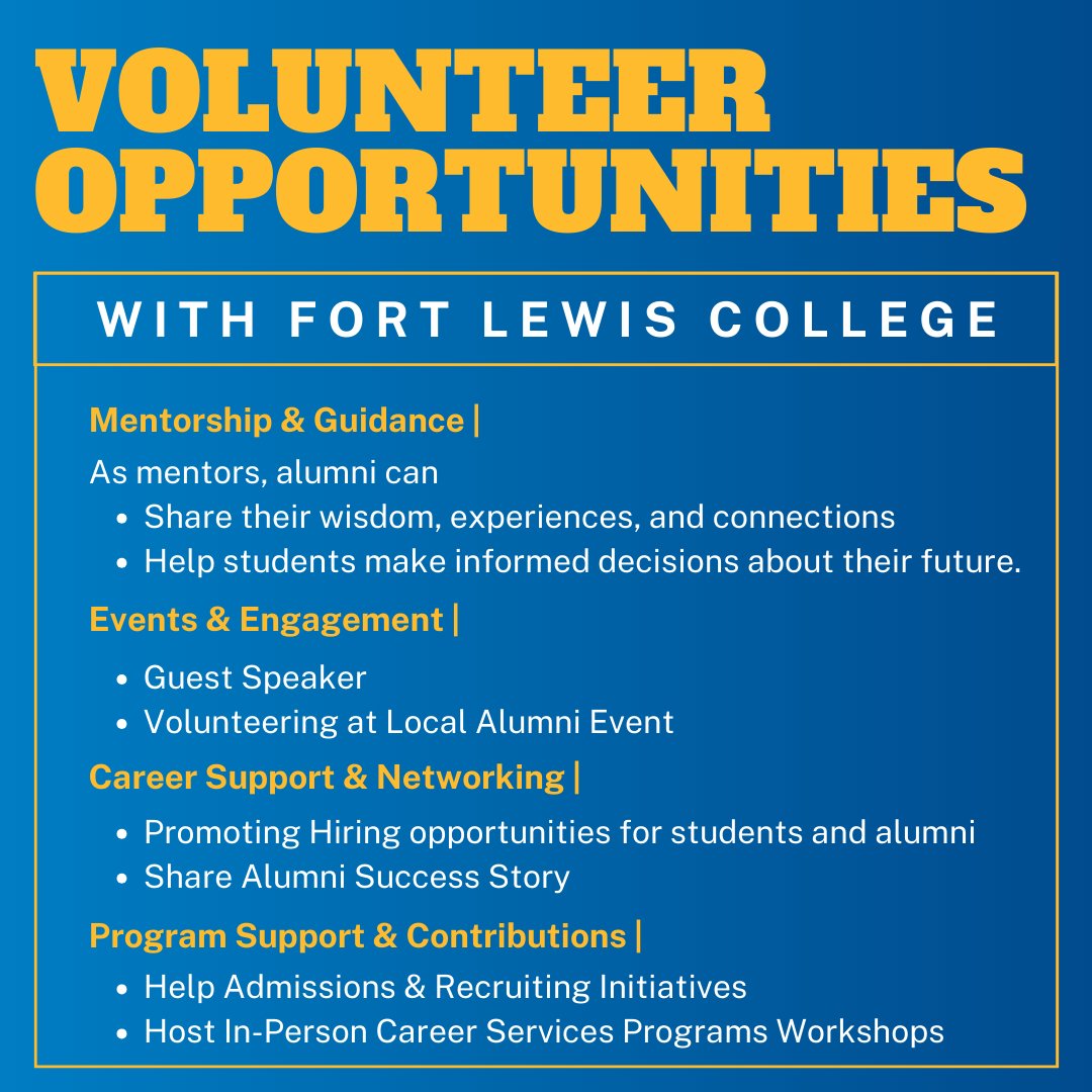 Looking to give back to the Fort Lewis College community? There are many opportunities for alumni to get involved. 

Visit the following link to find the perfect way for you to give back. 💙
alumni.fortlewis.edu/give-back/volu…

#FLCAlumni #FortLewisCollege #VolunteerOpportunities