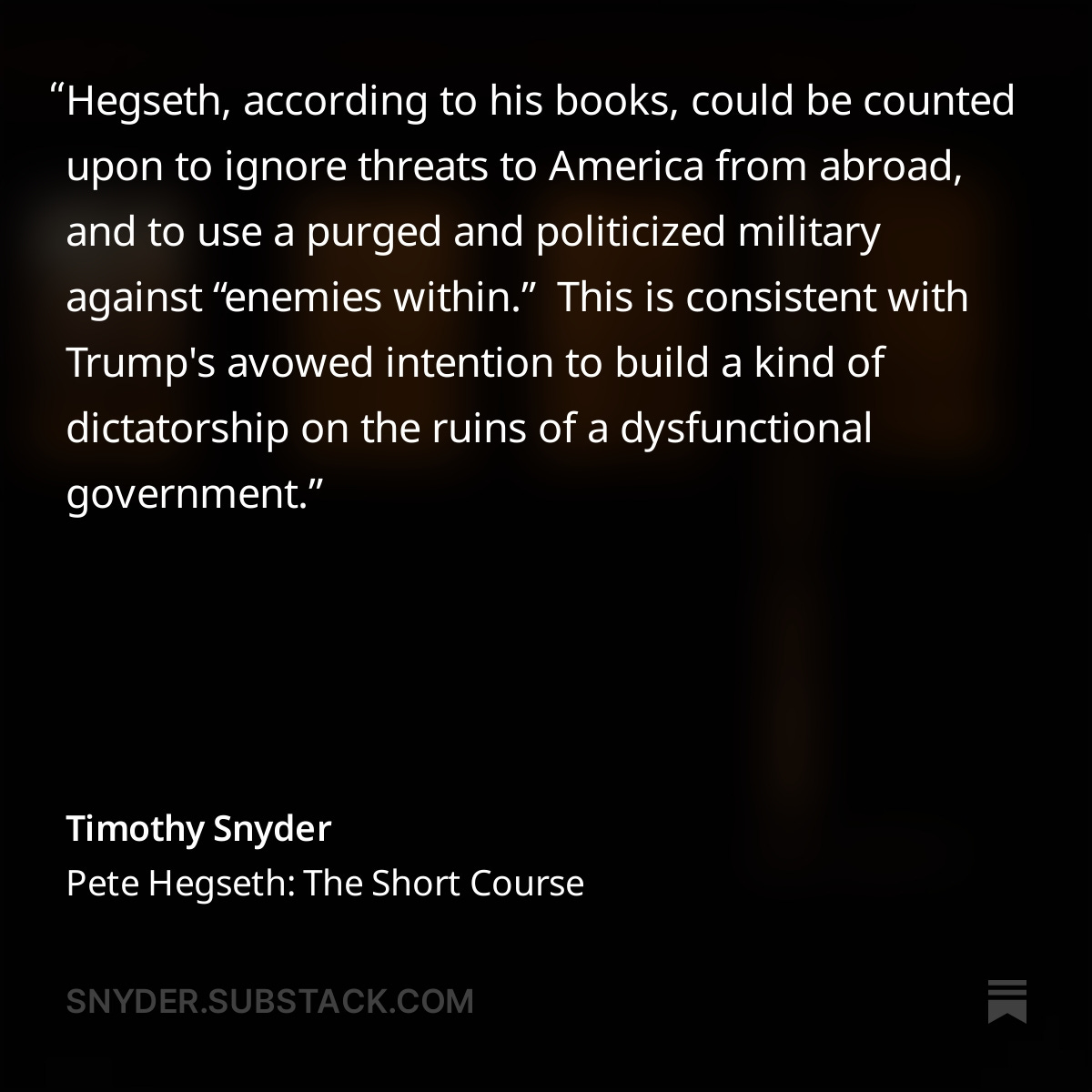 Hegseth represents a policy of regime change.
Read "Pete Hegseth: 13 Steps to National Destruction"
Link in profile or image below