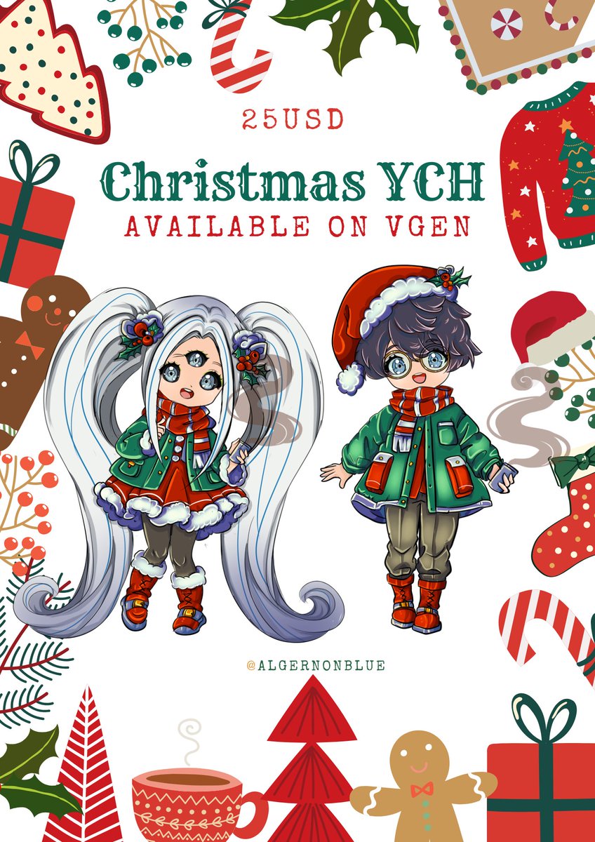 🎁Christmas Chibi YCH is in 🎁

A gift for yourself or someone else.
🎄Available on VGen now!
🎄Choose your outfit

Order here: vgen.co/algernonblue

#ych #christmasych