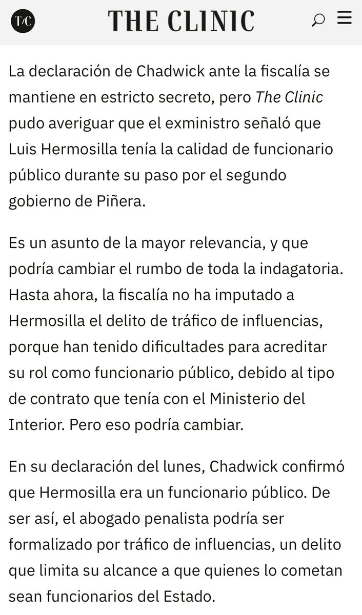 hernan_sr's tweet photo. 🚨AHORA 

Según reportaje del @thecliniccl Chadwick es su declaración como
Imputado (que nadie se enteró) echó al agua a Hermosilla, porque confirmó que si fue funcionario público del segundo gobierno de Piñera, por ende,  ya se le puede acusar y formalizar de tráfico de influencias. 

https://t.co/iOFLvomYGF