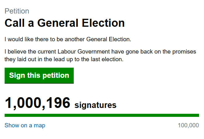 LeeHarris's tweet photo. Wow! Absolutely staggering—the petition for a general election has hit ONE MILLION! 👀

I've genuinely never known a gov't and prime minister to be so deeply hated by so many people in such a short space of time. https://t.co/I6EzMJaxyI