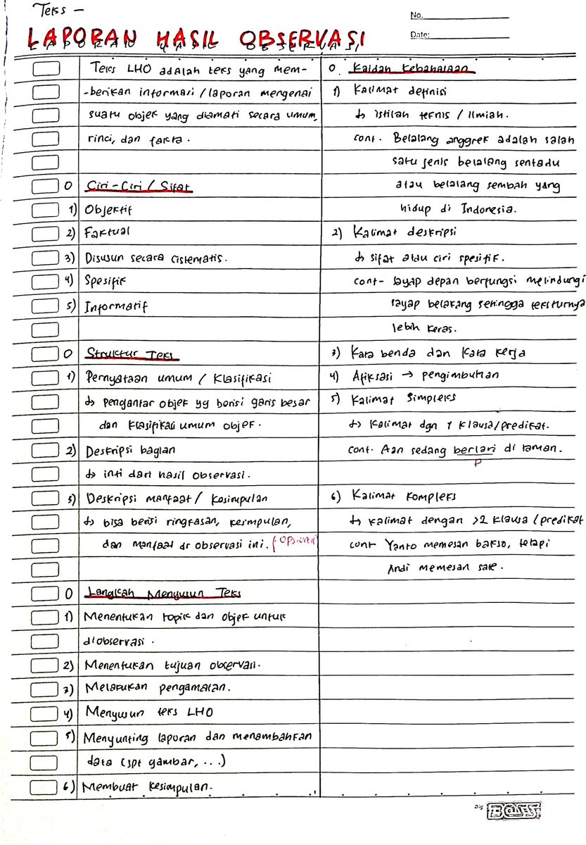 yjwstans's tweet image. 📖. Catatan Bahasa Indonesia Kelas 10
Kurikulum Merdeka—Semester 1
ㅤㅤ›  ‘Laporan Hasil Observasi (LHO)’
ㅤㅤ›  ‘Teks Eksplanasi’
ㅤㅤ›  ‘Teks Eksposisi’
ㅤㅤ›  ‘Kritik Sosial: Teks Anekdot’
ㅤㅤ›  ‘Teks Hikayat’

source: sekolah, twt
#studytwt