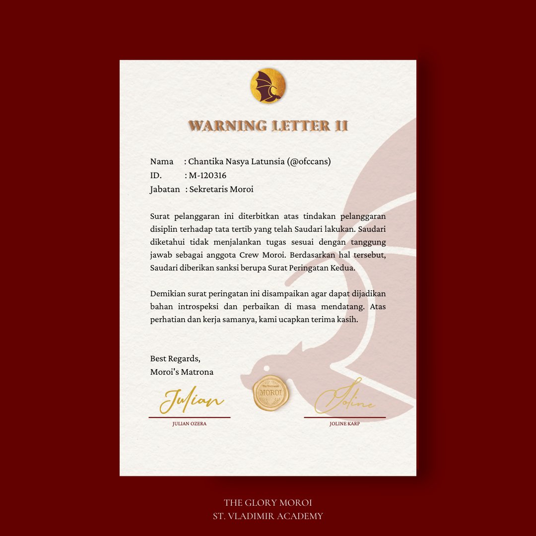 <a href="/ofccans/">Wonyoung</a> <a href="/Sir_JOzera/">Jo.</a> <a href="/Ms_JKarp/">Joline.</a> <a href="/attrazt/">Kafka.</a> <a href="/noctimoan/">Yudo</a> <a href="/VladimirDatum/">𝐃𝐚𝐭𝐮𝐦</a> ( REVISED ) 
ㅤ
𝐖𝐀𝐑𝐍𝐈𝐍𝐆 𝐋𝐄𝐓𝐓𝐄𝐑 𝐈𝐈
Issued on November, 24.

Dearest, <a href="/ofccans/">Wonyoung</a> - M-120316. 

Please respond to this letter within the next 48 hours or a termination letter will be sent to you.

Cc: <a href="/Sir_JOzera/">Jo.</a> <a href="/Ms_JKarp/">Joline.</a> <a href="/attrazt/">Kafka.</a> <a href="/noctimoan/">Yudo</a> <a href="/VladimirDatum/">𝐃𝐚𝐭𝐮𝐦</a>