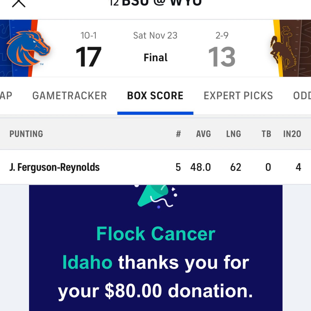 Jaywhy17's tweet photo. 4 punts inside the 20 means $80 to @FlockCancer in honor of @JamesFergusonR and his mum. Good on ya mate! #NukeTheFootball☢️ https://t.co/27kOQWkVWy