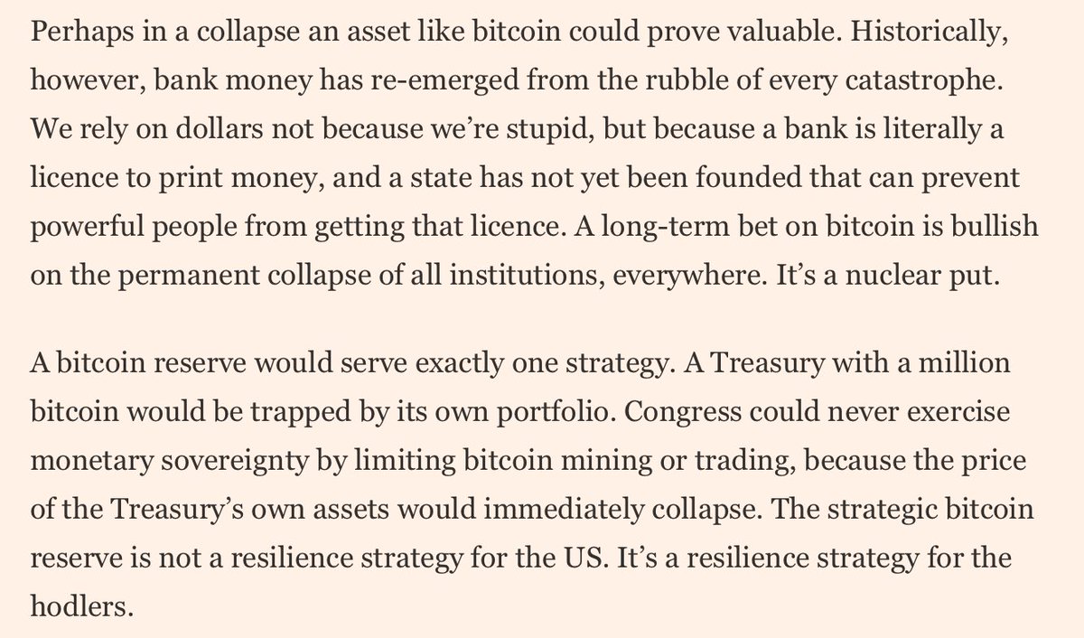 gil duran is on bluesky (@gilduran76) on Twitter photo “A long-term bet on bitcoin is bullish on the permanent collapse of all institutions, everywhere.”
This is the most important part of the crypto story, one ignored by dreadfully superficial coverage.
“Bitcoin strategic reserve idea is built on delusion” by <a href="/bhgreeley/">Brendan Greeley</a> in <a href="/FT/">Financial Times</a> “A long-term bet on bitcoin is bullish on the permanent collapse of all institutions, everywhere.”
This is the most important part of the crypto story, one ignored by dreadfully superficial coverage.
“Bitcoin strategic reserve idea is built on delusion” by <a href="/bhgreeley/">Brendan Greeley</a> in <a href="/FT/">Financial Times</a>