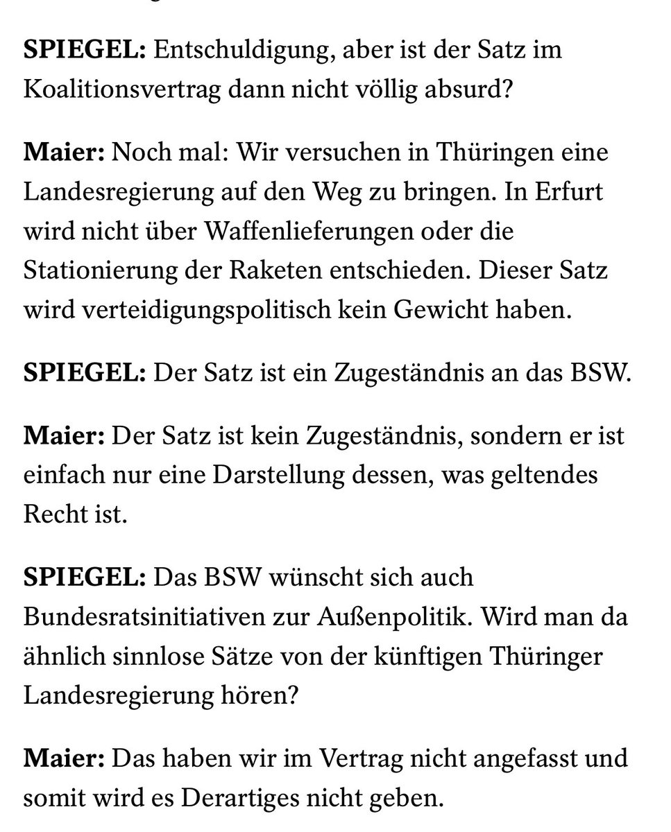 Der Thüringer SPD-Chef Georg Maier hat sich den kritischen Fragen zur Koalition mit dem BSW gestellt. Er sagt klar: Aussage im Koalitionsvertrag zu US-Mittelstreckenraketen hat „verteidigungspolitisch kein Gewicht“, kein Zugeständnis an Wagenknecht. 👇

spiegel.de/politik/deutsc…