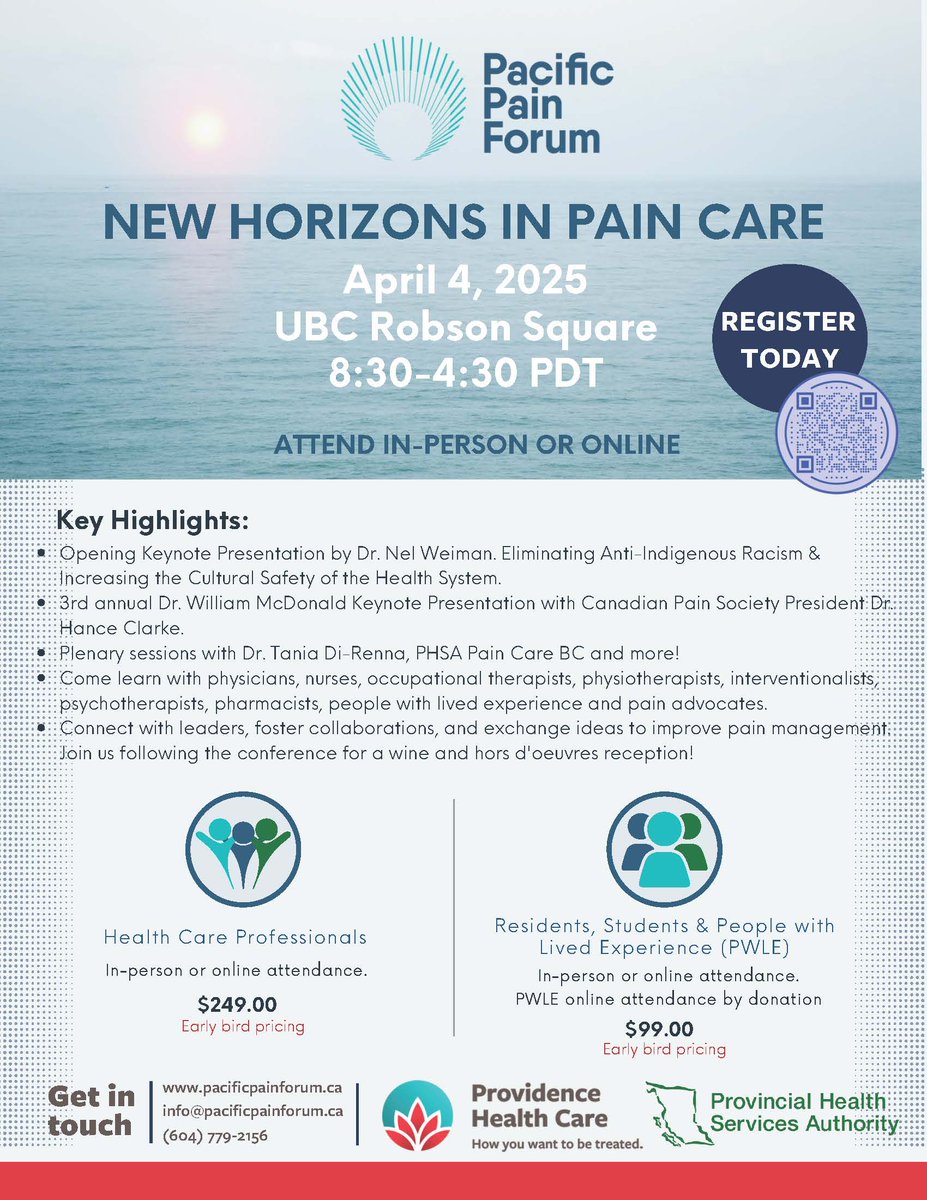 The 2025 Pacific Pain Forum will be held on April 4, 2025. Attend in person or participate online. This interdisciplinary event is organized &amp; presented by individuals living with pain &amp; healthcare providers. We recommend registering early lnkd.in/g_mf-3Hn