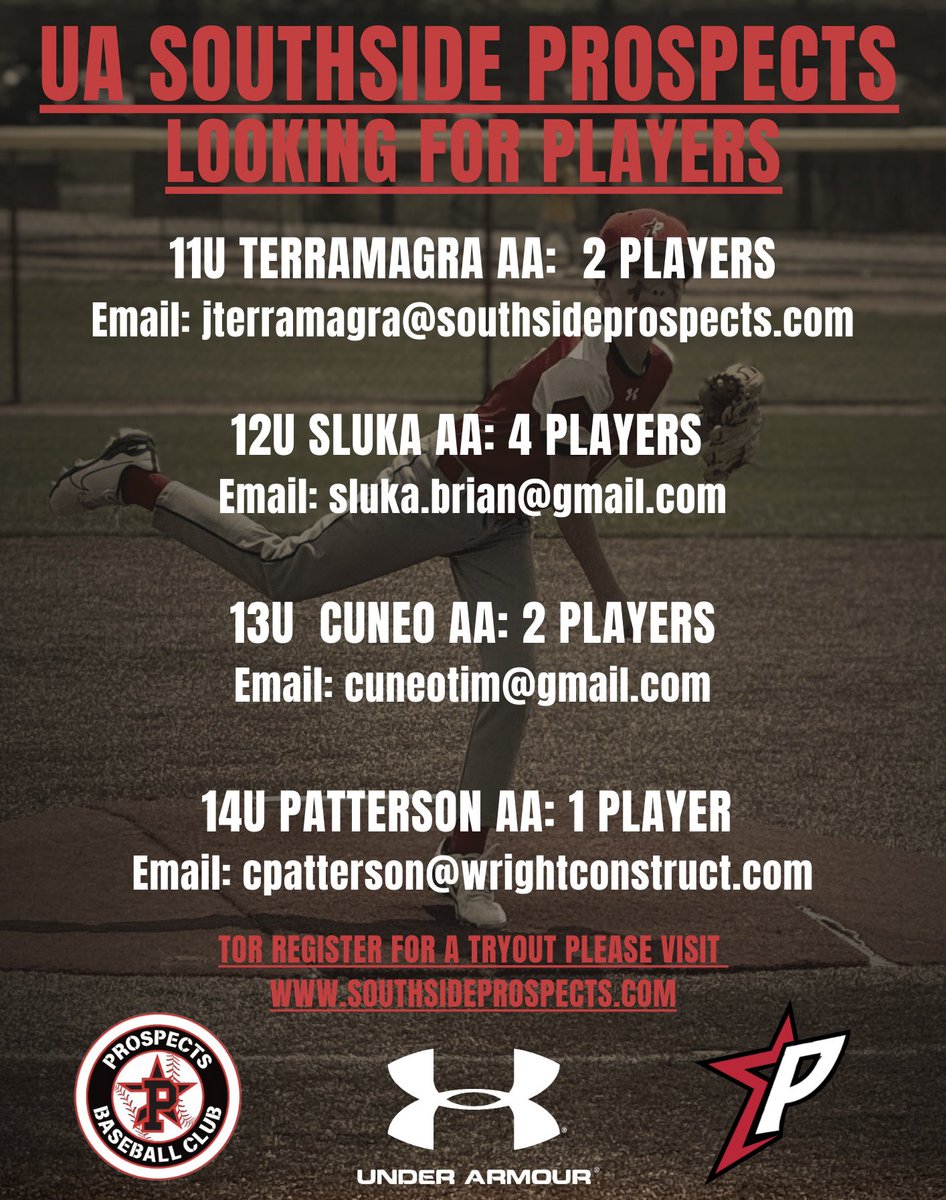 We have a handful of youth teams looking to finalize their 2025 rosters. For more information or to set up a Private Tryout contact the appropriate Coach or visit our website southsideprospects.com