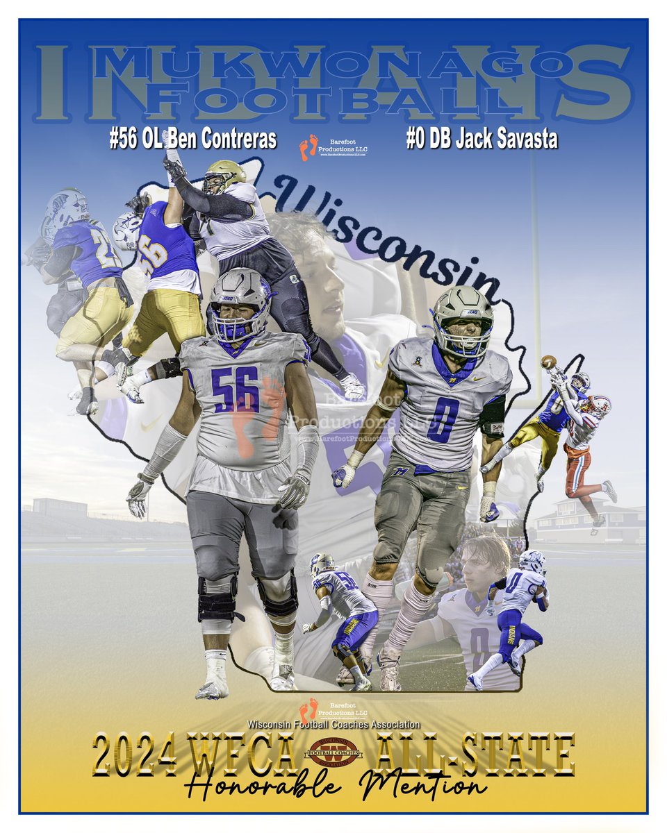 Congratulations to <a href="/MukFootball/">Mukwonago Football</a> <a href="/wifca/">WiFCA</a> All State Honorable Mentions, OL Ben Contreras and DB Jack Savasta

We made a poster.
For Honorable Mentions
Here is Ben and Jack

GO INDIANS!
