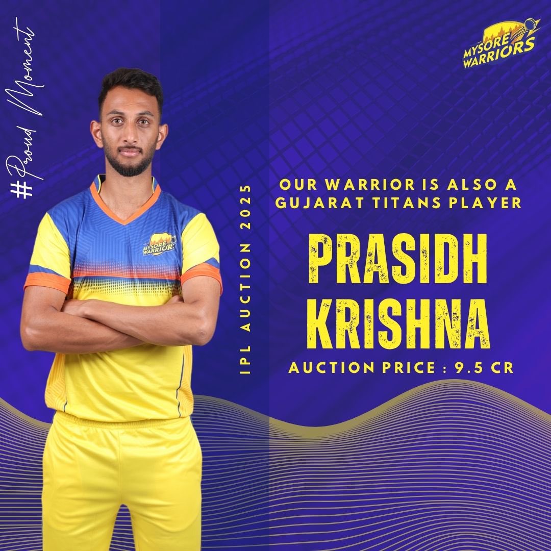 𝗪𝗮𝗿𝗿𝗶𝗼𝗿 🤝 𝗧𝗶𝘁𝗮𝗻 🗡️

Congratulations to <a href="/prasidh43/">Prasidh Krishna</a> for making the <a href="/gujarat_titans/">Gujarat Titans</a> squad for the upcoming IPL cycle 🏆

We'll be cheering for you! 💛

#GoWarriors #MysoreWarriors #GujaratTitans #IPL #IPLAuction2025