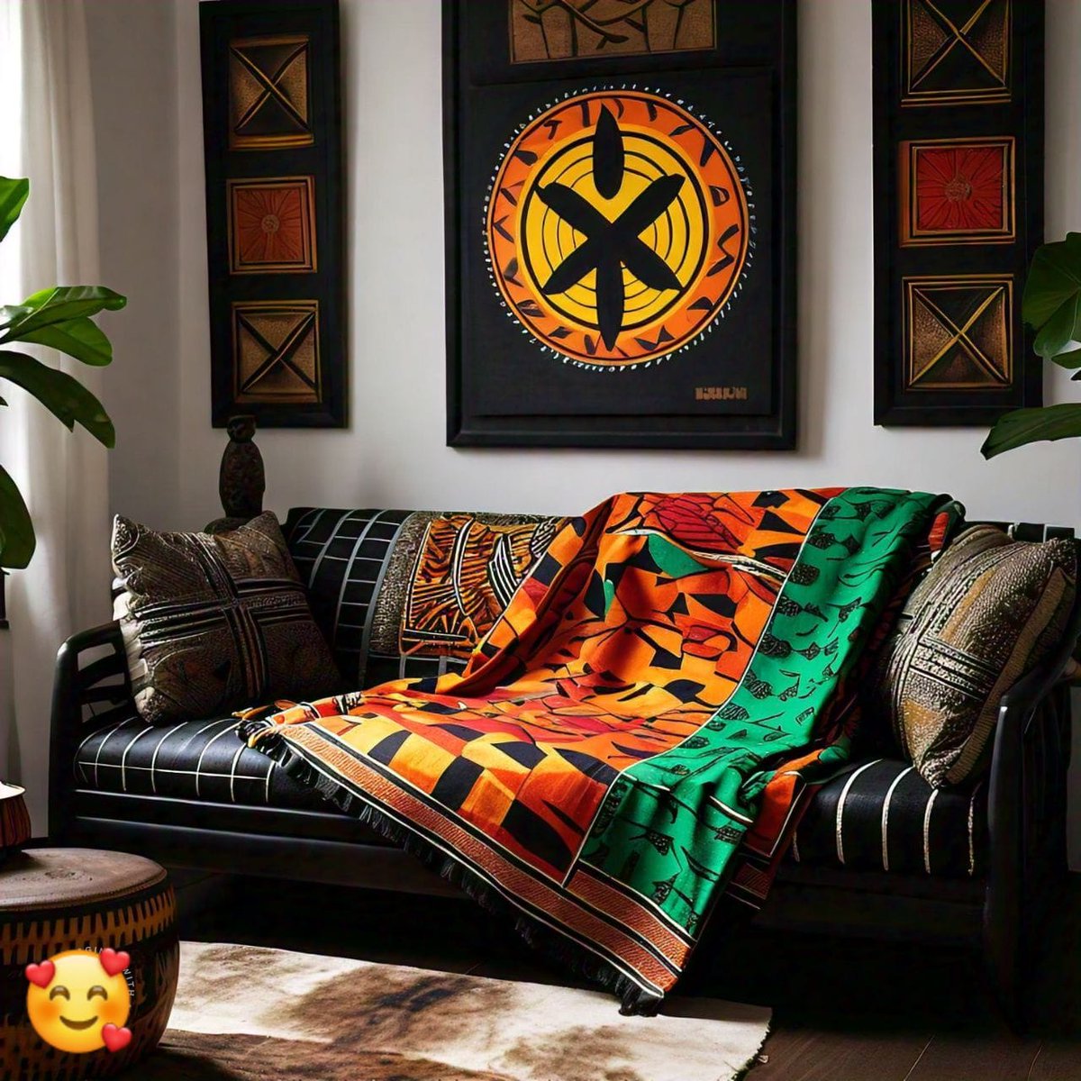 Sleek black &amp; white African-themed living room. Adinkra symbol blanket adorns a loveseat, amidst natural textures &amp; geometric patterns.