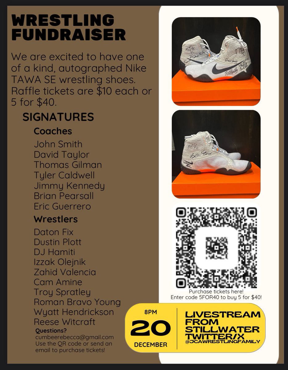 Very excited for our fundraiser today! Lots of raffles items and ways to support our wrestlers. Kicking off a way to win an autographed pair of wrestling shoes…you won’t find these anywhere! <a href="/JCAwrestling/">JCA Wrestling Family</a> <a href="/CallanWrestling/">Callan Wrestling Academy</a>