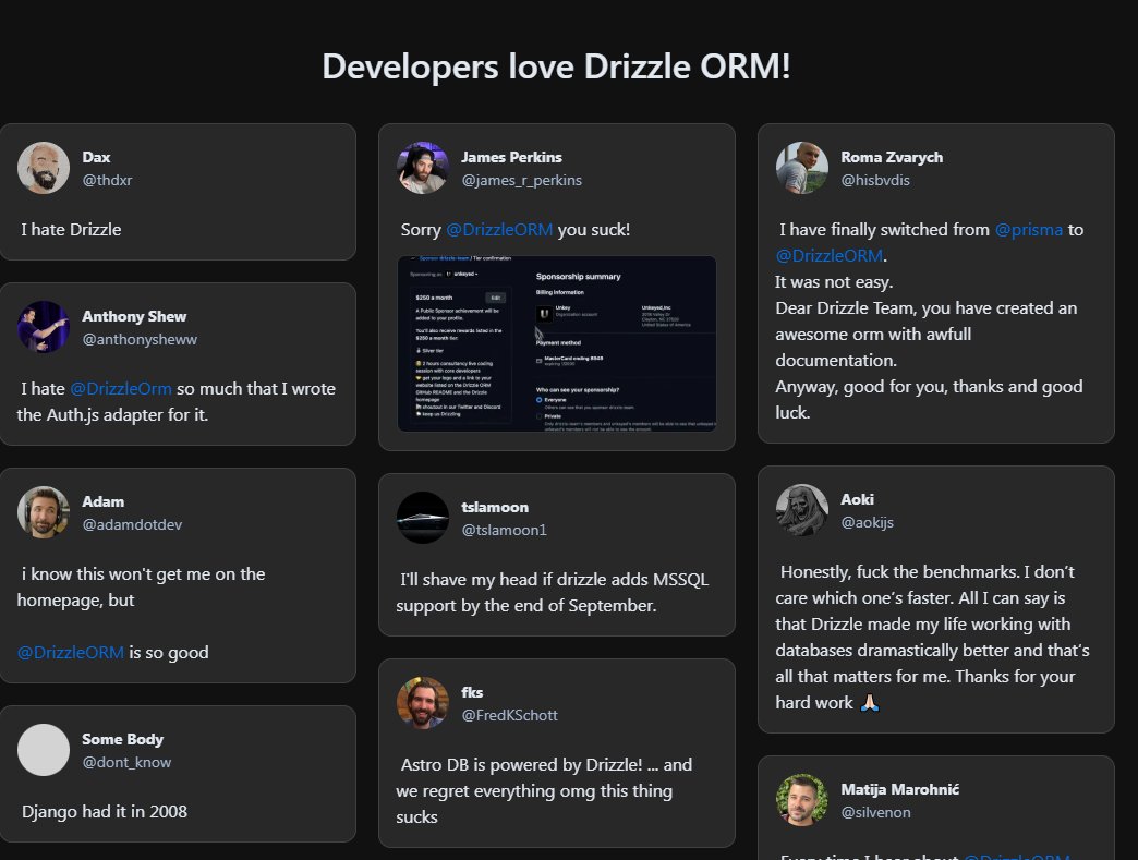 Salmon900's tweet photo. Ah yes developers love @DrizzleORM
This the most funniest thing I have ever seen. Drizzle you sure developers love you?
#fullstack #frontend #backened #reactjs https://t.co/Rg26B9LwIA
