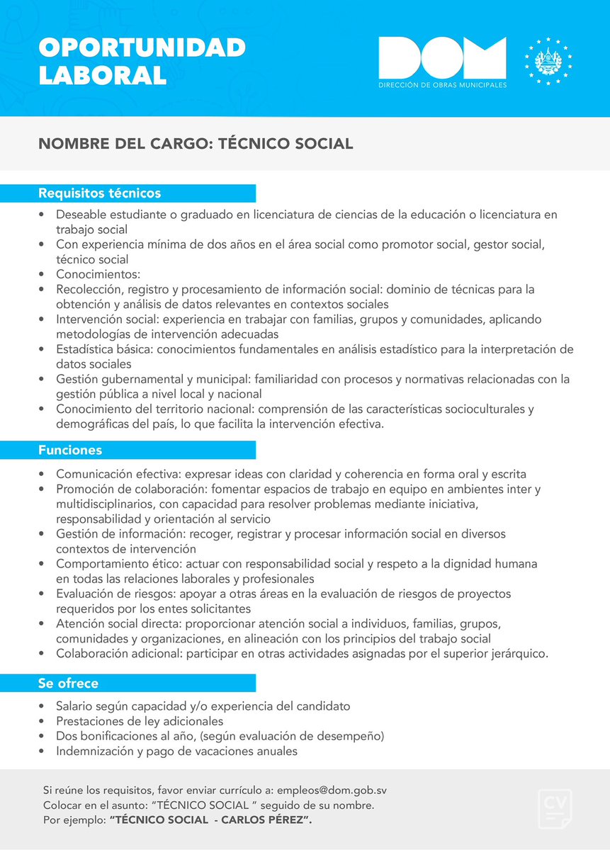 Estas son las nuevas oportunidades de empleo en nuestra institución. Si cumples los requisitos para:
👉 Jefe del departamento de Desarrollo Social
👉 Técnico de Selección de Personal
👉 Técnico Social
Aplica #EnLaDirecciónCorrecta. 🇸🇻