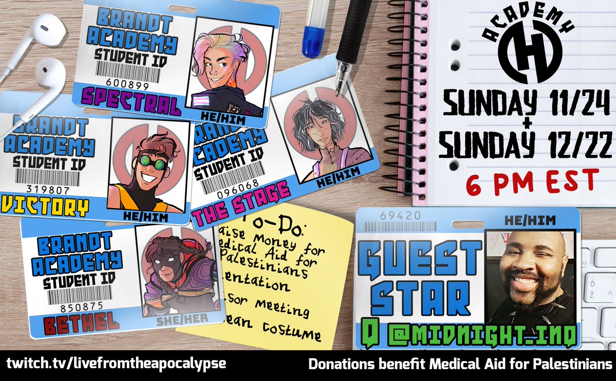 livefromtheapoc's tweet image. Tonight at 6 PM EST our Masks actual play podcast Academy H is finally back, recording two new episodes live at twitch.tv/livefromtheapo… and raising money for @MedicalAidPal with our SPECIAL GUEST STAR, @Midnight_INQ!!!