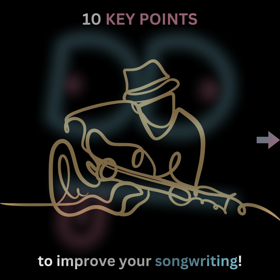 10 ways to improve your songwriting:

1. K.I.S.S. - Keep It Simple, Silly!
It doesn’t need to be complicated to be a hit! It needs to be memorable (in a good way)!

2. Make the music with your mouth!
Come up with melodies and grooves by humming, whistling, or beatboxing.

3.