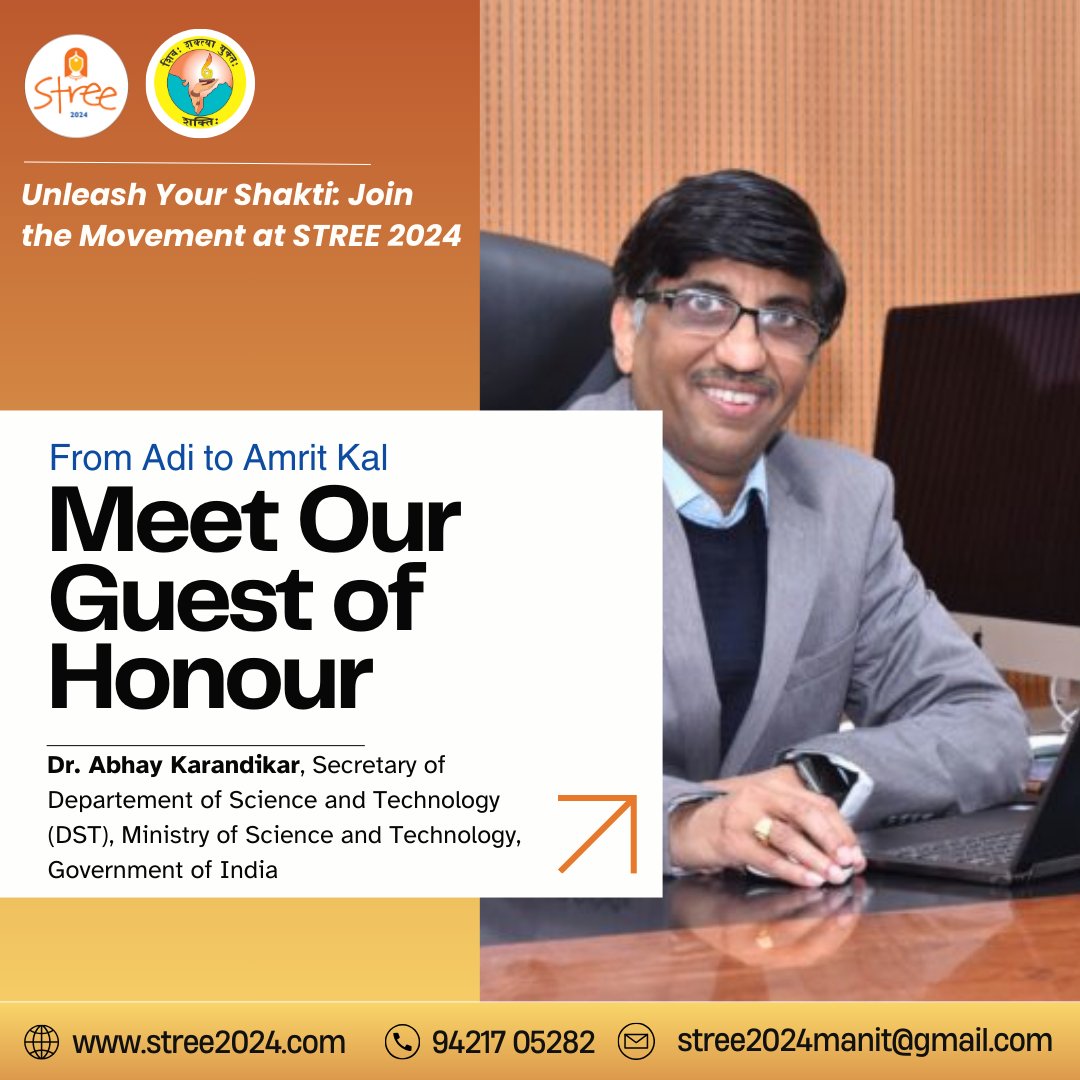 stree2024's tweet photo. We are privileged to have Dr.Abhay Karandikar as the secretary of the Department of Science and Technology, Ministry of Science and Technology, and Government of India.

Join us at @MANITBHOPAL1 

@karandi65 @IndiaDST @EduMinOfIndia @shaktibharatorg @MPTourism @IKS_Media https://t.co/kZqcC0aZB8