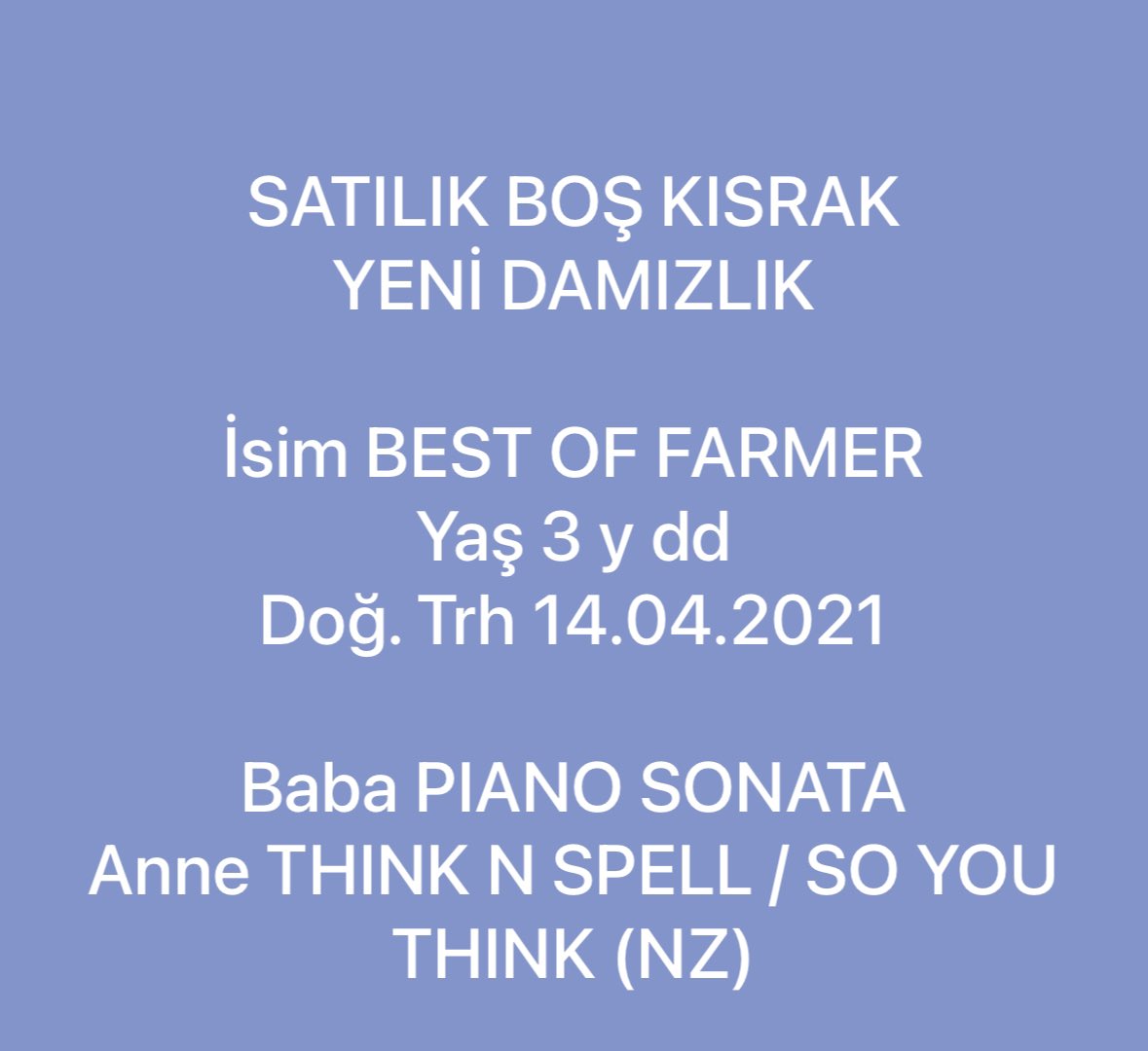 Satılık boş kısrak  yeni DAMIZLIKtır damızlık belgesine başvurulmuştur.
İrtibat 05325418101

<a href="/avsar62/">Recep AVŞAR</a> <a href="/erhanunalll/">Erhan Ünal</a> <a href="/weeaal/">adem zurnaci</a>