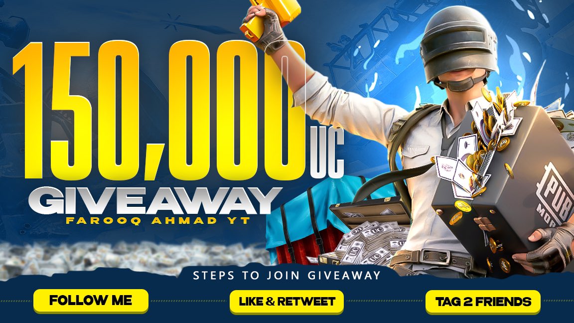 FarooqAhmadYT's tweet photo. ‼️‼️‼️2 Hours left:‼️‼️‼️
The Biggest 150,000 UC Giveaway in @PUBGMOBILE 

- Must Follow and open DM
- Like and RT 
- Tag Two friends in Comments 

For More Entries: https://t.co/yW1jbcAqfy

#PUBGMOBILE #PUBGMVIP #FarooqAhmadYT https://t.co/yR9yyhaWSe