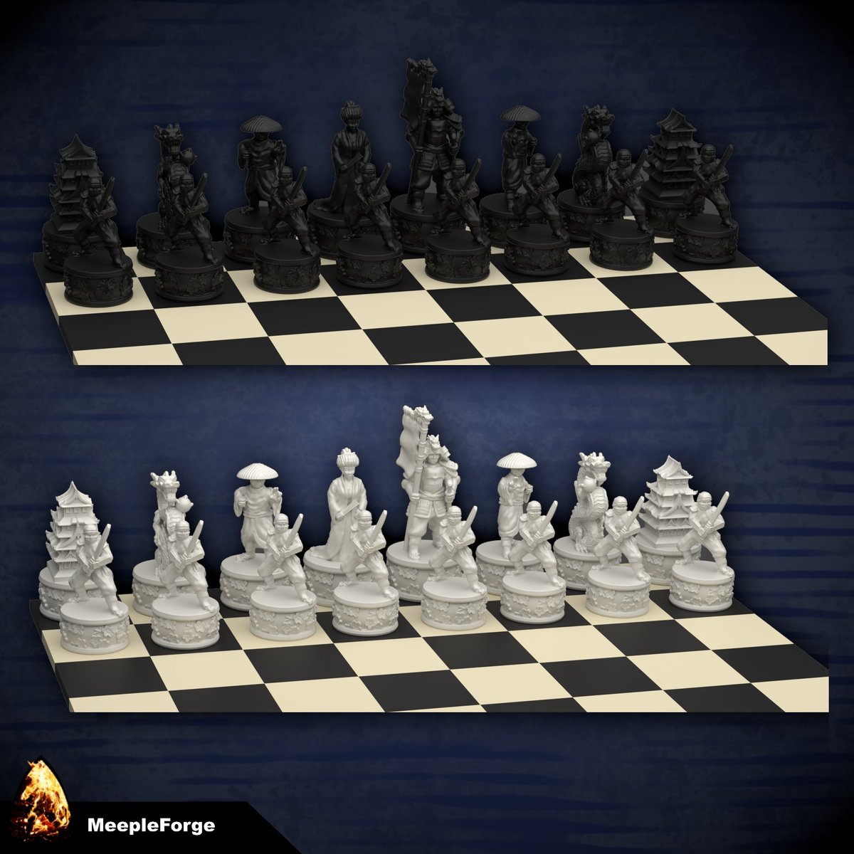 Japanese Style / Shogun 3D Printable Chess Set. 

Want  a free set of files to print this at home?

 If you join my mailing list before next weekend I will send out the chess set files to all subscribers then🙂Mailing List meepleforge.com/subscribe/ #Chess #Shogun #Japanese