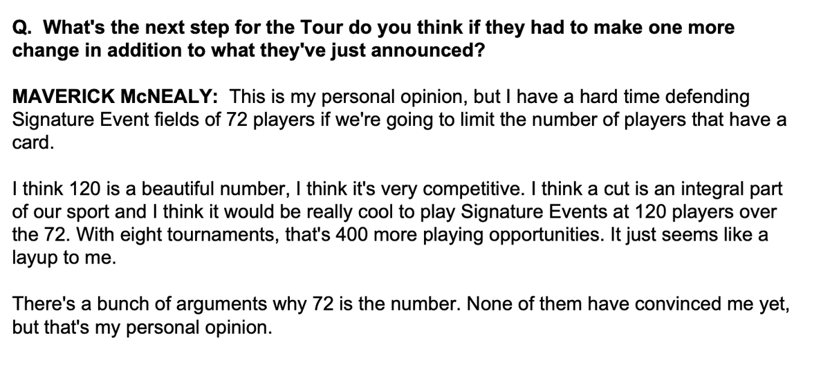 Maverick McNealy's take on PGA Tour field sizes. Not sure many Tour players would disagree: