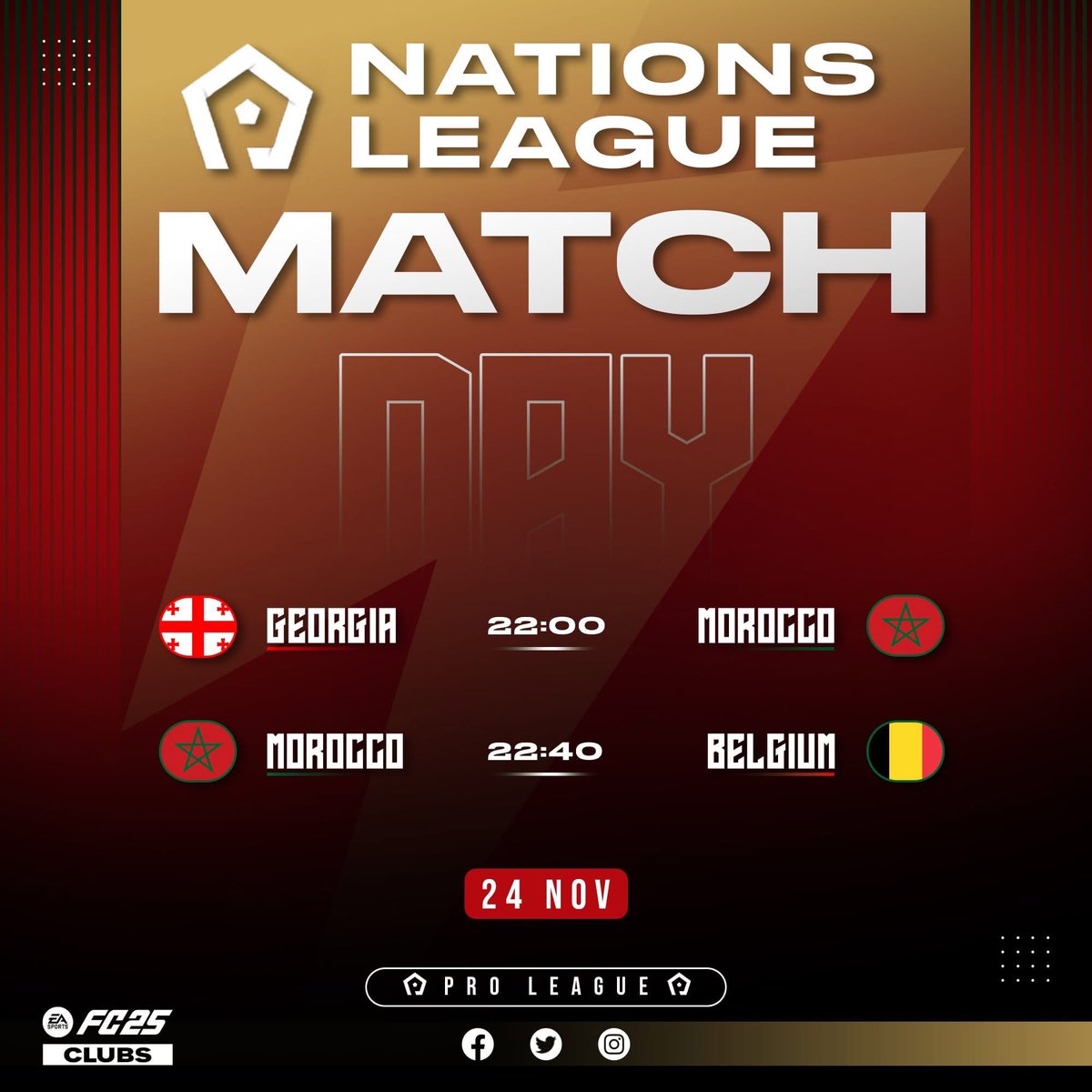 🔥 Atlas Lions in action tonight! 🇲🇦⚡️
🏆 Nations League:
•🇬🇪 Georgia 🆚 Morocco - ⏰ 22:00
•🇲🇦 Morocco 🆚 Belgium - ⏰ 22:40

🎙️ Commentary by Denver Caster
💪 Cheer for Morocco! #GoMorocco 🇲🇦

📺 Don’t miss it! #NationsLeague #eSports
