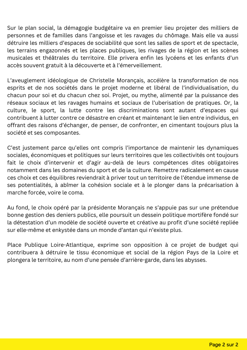 PlacePublique44's tweet photo. Place publique 44, dénonce les mesures budgétaires annoncées par la présidente de la région des Pays de la Loire. https://t.co/FJx2GSUUvW
