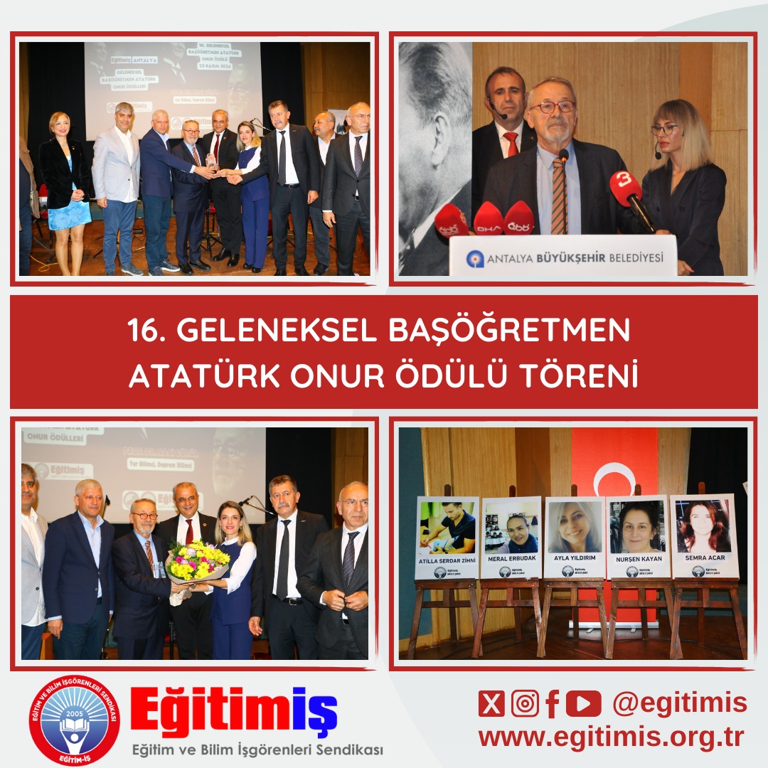 Antalya Şubelerimizin  bu yıl 16.sını düzenlediği Başöğretmen Atatürk Onur Ödülü’nü Yerbilimci Prof.Dr. Naci Görür’ e takdim ettik. 
Ödül törenine Genel Sekreterimiz Seher Ergin ve Genel Özlük - Hukuk ve TİS Sekreterimiz Yeliz Toy katıldılar.
<a href="/SeherErgin01/">Seher Ergin</a> <a href="/yeliznaz1978/">Yeliz Toy</a>