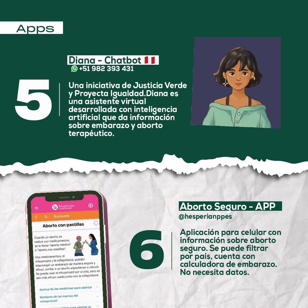 📲 Apps: 

🇵🇪 Diana de <a href="/Justiciaverdepe/">Justicia Verde Perú #SeráLeyEnPerú</a> y <a href="/pi_peru/">Proyecta Igualdad Perú</a> ➡️ diana.org.pe

✅ App Aborto Seguro de <a href="/Hesperian/">Hesperian Health</a> ➡️ hesperian.org/app-aborto-seg…