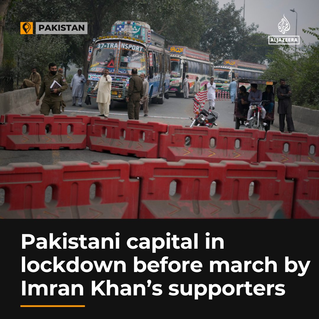 Pakistan’s capital has been placed under a security lockdown to prevent supporters of jailed ex-PM Imran Khan from marching to Islamabad as part of the nationwide protests to seek his release aje.io/8tzpss
