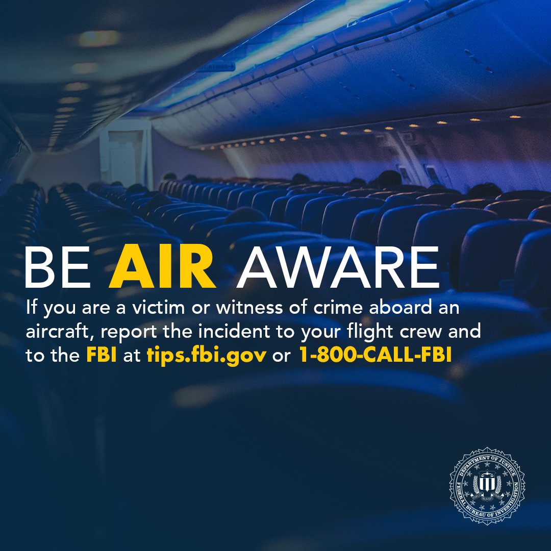 FBIAlbuquerque's tweet photo. #FBIAlbuquerque wishes you and yours safe travels this holiday season. However, if you witness or fall victim to a crime onboard an aircraft, please report it to the #FBI at https://t.co/Tudw7Tf02j or 1-800-CALL-FBI. https://t.co/CwovTGayJi