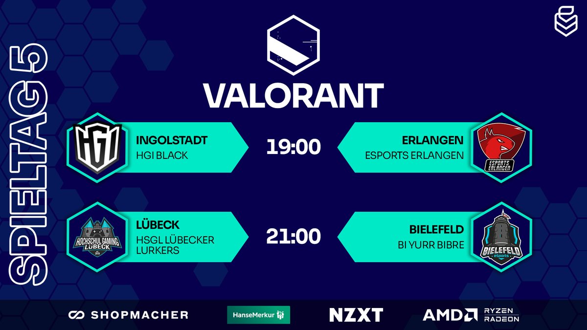 Uniliga (@uniligagg) on Twitter photo 🚨VALORANT SPIELTAG🚨
🕖️19:00 Uhr - #VALORANT - 4. Spieltag
📺️twitch.tv/uniliga_aim
⚔️<a href="/hg_ingolstadt/">Hochschulgaming Ingolstadt e.V.</a> vs. @esportserlangen
⚔️<a href="/HsGamingLuebeck/">HochschulGamingLübeck</a> vs. <a href="/bie_alliance/">Bielefeld Esports Alliance</a>
🎬️<a href="/DontFlashMyR/">Tim Konopka</a>
🎥<a href="/timonvlr/">Timon</a>
🎙️<a href="/ef_kwyjibo/">kwyjibo | Jendrik</a> & <a href="/SHiiDOcasts/">SHiiDO</a> 🚨VALORANT SPIELTAG🚨
🕖️19:00 Uhr - #VALORANT - 4. Spieltag
📺️twitch.tv/uniliga_aim
⚔️<a href="/hg_ingolstadt/">Hochschulgaming Ingolstadt e.V.</a> vs. @esportserlangen
⚔️<a href="/HsGamingLuebeck/">HochschulGamingLübeck</a> vs. <a href="/bie_alliance/">Bielefeld Esports Alliance</a>
🎬️<a href="/DontFlashMyR/">Tim Konopka</a>
🎥<a href="/timonvlr/">Timon</a>
🎙️<a href="/ef_kwyjibo/">kwyjibo | Jendrik</a> & <a href="/SHiiDOcasts/">SHiiDO</a>