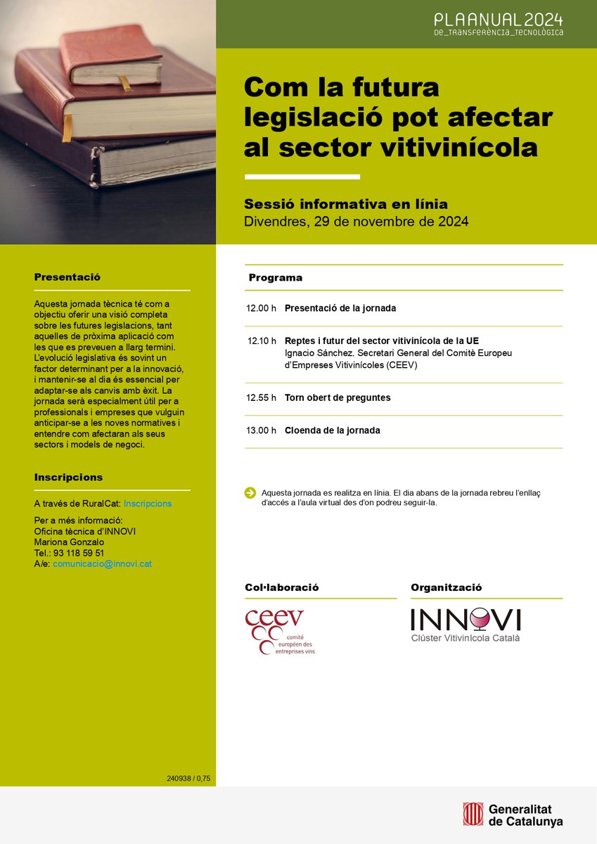 📌Sessió informativa en línia: "Com la futura legislació pot afectar
al sector vitivinícola". #PATT2024

🗓️ 29/11/2024
🕘 12.00 h

ow.ly/HvTt50UcrHX 

<a href="/clusterinnovi/">INNOVI</a>
<a href="/wine_ceev/">CEEV</a>
