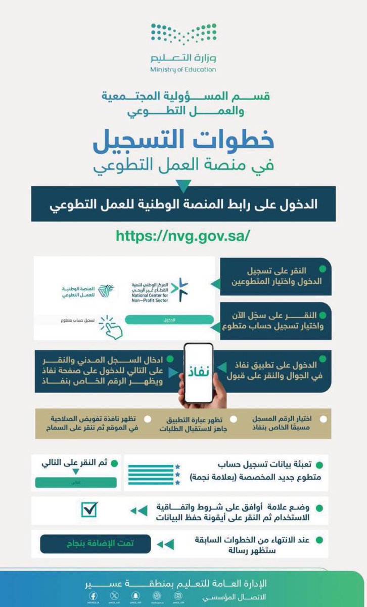 abukaled_edu's tweet photo. بعد إضافة ساعات التطوع ضمن مفاضلة #حركة_النقل_الخارجي عبر #برنامج_فرص التعليمية ؛

هنا خطوات التسجيل في المنصة الوطنية للعمل التطوعي و الإلتحاق بالفرص التطوعية المناسبة.
https://t.co/jD7tPZspPv https://t.co/kF3PIlvRi5